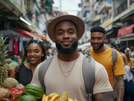 A group of friends immerse themselves in the bustling energy of a city market Their eyes light up with wonder as they browse colorful local crafts, while their taste buds are tantalized by the enticing aromas of delicious street food Each bite and discovery adds to their shared adventure, creating AI Generativeの素材