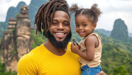 A father and daughter stand side-by-side, beaming with joy, against the majesty of a towering mountain range Their family road trip adventure has led them to this iconic landmark, where they capture a cherished memory amidst breathtaking scenery Laughter and love fill the air as they revel in the moment, AI Generativeの素材