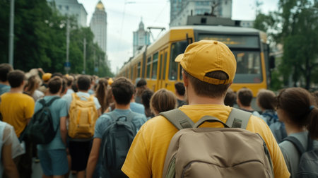 A vibrant group of excited tourists board a city tram, eager to embark on an urban adventure The sleek tram glides through bustling city streets, offering a unique perspective of the cityscape and its hidden gems With public transportation as their guide, they prepare to explore new destinations, soaking in AI Generativeの素材