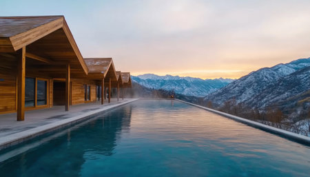 Escape the winter chill and immerse yourself in the warmth of natural hot springs Our luxurious cabins offer stunning mountain views and a serene escape Unwind in the bubbling waters, surrounded by tranquil beauty, and rediscover your inner peace AI Generativeの素材