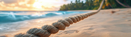 As the sun dips low, casting a golden glow over a secluded tropical beach, a single rope beckons you towards tranquility The warm light bathes the scene in serenity, inviting you to escape the world and embrace the peaceful atmosphere Here, time slows down, and your worries melt away AI Generativeの素材