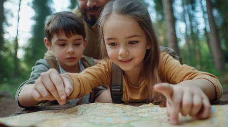 A family embarks on a road trip adventure, fueled by excitement and the promise of new discoveries Parents and children huddle around a map, meticulously planning their route, eager to explore uncharted destinations together Laughter, stories, and shared experiences will fill the car as they create lasting memories along the AI Generativeの素材