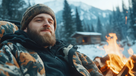 Escape to a mountain cabin nestled in a snowy wonderland After a thrilling day on the slopes, unwind by the crackling fireplace The warm glow and cozy atmosphere invite you to relax and savor the adventure Let the winter magic melt away your worries and leave you feeling refreshed AI Generativeの素材