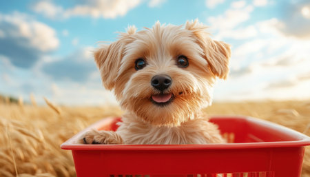 A tiny terrier's boundless joy explodes in a summer field bathed in golden sunset light Captured in a moment of pure bliss, this adorable pup, nestled in a red basket, embodies the epitome of summertime fun This heartwarming image, a testament to the magic of dog photography, evokes a feeling AI Generativeの素材