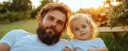 A father and daughter stand bathed in the warm glow of golden hour, their shared gaze reflecting a profound bond The serene setting of the sunset illuminates their peaceful connection, creating a timeless portrait of familial love and shared joy AI Generativeの素材