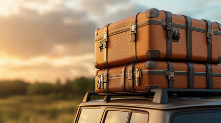Adventure awaits! Luggage overflows the roof rack, signaling a family road trip ready to embark With loved ones by your side, hit the open road for memories that will last a lifetime Pack your bags, embrace the journey, and create unforgettable moments together AI Generativeの素材