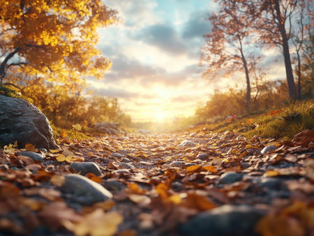 Golden sunlight bathes a tranquil path winding through an autumnal forest Rustling leaves whisper in the gentle breeze, dappled light filters through the trees, creating a scenic woodland trail This serene image captures the beauty of nature's golden hour, offering a peaceful escape into the wilderness AI Generativeの素材