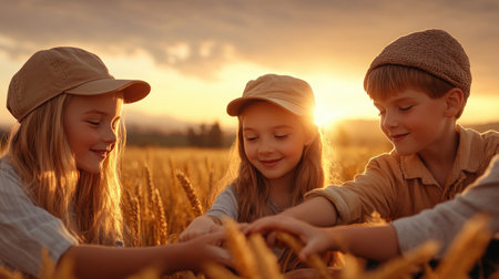 As the sun dips low, casting a golden glow over a vast wheat field, three siblings share a moment of pure joy Their laughter echoes through the air, a testament to their close bond The warmth of the setting sun mirrors the warmth of their connection, creating a picture of AI Generativeの素材