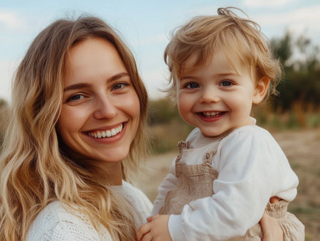 A warm golden light bathes a park as a mother and toddler share playful moments Laughter rings out as they enjoy the simple joy of each other's company The scene captures the essence of family fun during golden hour, a time filled with warmth and happiness AI Generativeの素材