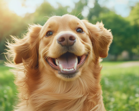 A golden retriever bursts with joy as it sprints through a park bathed in the golden glow of sunset This stunning photograph captures the pure happiness of a dog enjoying the outdoors, showcasing the tranquility of nature and the playful spirit of a beloved pet AI Generativeの素材