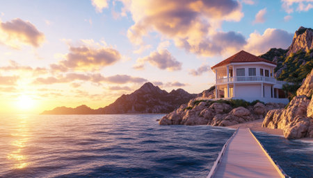 The sun dips below the horizon, painting the sky in hues of orange and pink Gentle waves lap against the shore, their rhythm a soothing soundtrack to the scene A white house, nestled on a rocky cliff, basks in the warm glow, offering a picturesque silhouette against the calming waters AI Generativeの素材