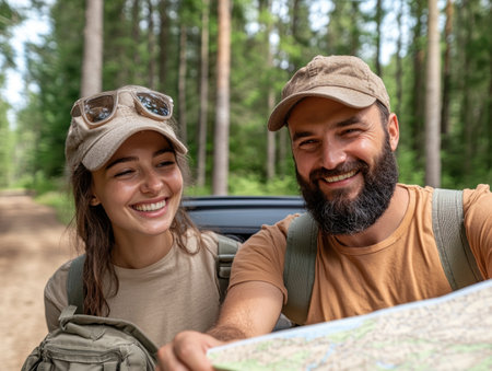A family brimming with excitement prepares for their road trip adventure Parents meticulously study the map, while the car overflows with travel gear This scene inspires you to plan your next vacation, filled with adventure and family fun Let the open road beckon! AI Generativeの素材