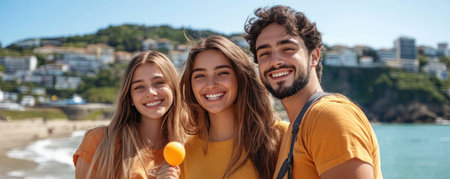 A group of excited friends are planning a coastal adventure, pouring over ferry schedules to map out their seaside escape They're determined to craft the perfect itinerary, brimming with anticipation for sun-kissed beaches, refreshing sea breezes, and unforgettable moments by the ocean AI Generativeの素材