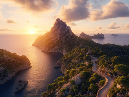 Imagine the sun sinking low over Ibiza's rugged coastline, painting the sky in vibrant hues of gold and orange Rocky cliffs rise from the crystal-clear waters, a serene scene that whispers of relaxation and adventure This breathtaking golden hour moment is the perfect inspiration for your next getaway AI Generativeの素材