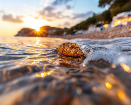 Capture the magic of Ibiza's golden hour Witness breathtaking sunset reflections dancing on rugged beaches Soft waves lap the shore, creating a serene backdrop for travel photography inspiration Let the warm hues and calming atmosphere ignite your creative spirit AI Generativeの素材