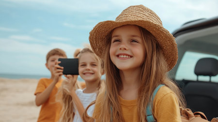 A family embarks on a road trip adventure, their luggage packed and smiles wide Parents capture the precious moments of their children as they explore a breathtaking vacation spot Laughter echoes on the open road, creating memories to cherish for a lifetime FamilyVacation RoadTrip Memories AI Generativeの素材