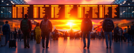 The arrivals hall buzzes with excitement as international travelers disembark their flights Customs officers diligently manage the influx of passengers, ensuring a smooth and efficient process Flight information is clearly displayed on digital signage, guiding travelers through the arrival procedures AI Generativeの素材