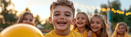 As the sun dips low, casting a warm, golden glow, children laugh and play, their joyous energy filling the air A family gathers, their bonds strengthened by shared moments of outdoor fun The soft evening light creates a magical atmosphere, capturing a memory to cherish AI Generativeの素材