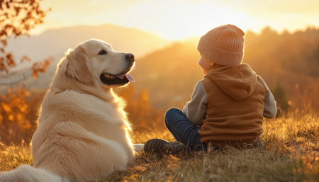 A golden retriever and a child bask in the warm glow of a peaceful sunset, their bond evident in their shared joy The golden hour light bathes the scene in a soft, ethereal glow, highlighting the beauty of nature and the love between family members A picturesque moment captured in AI Generativeの素材