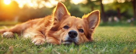 As the sun dips low, casting a golden glow, your furry friend enjoys a moment of pure relaxation at the dog park Peaceful summer evenings filled with joy, laughter, and the gentle caress of warm air create a truly magical experience for both you and your canine companion AI Generativeの素材