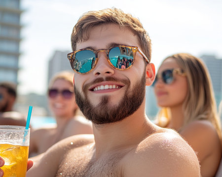 Escape to a luxurious vacation rental with stunning views Relax poolside with friends, enjoy refreshing drinks, and soak up the sun This private haven offers ultimate relaxation and fun in a high-end destination AI Generativeの素材