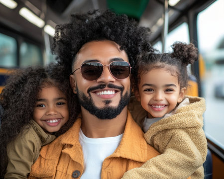 A joyous family, beaming with excitement, board a tour bus, ready to embark on a day filled with adventure The air buzzes with anticipation as they prepare to create lasting memories on their vacation, exploring new sights and experiences together This is a moment of shared joy, marking the beginning AI Generativeの素材