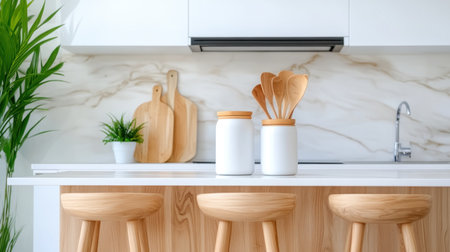 This modern vacation rental kitchen is a culinary dream A custom range hood and marble backsplash elevate the space, while the oversized island provides ample room for gourmet cooking and entertaining Whether you're whipping up a family feast or hosting a dinner party, this kitchen has everything you need to AI Generativeの素材