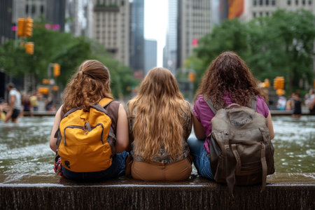 Amidst the city's vibrant chaos, three travelers find solace by a tranquil fountain The gentle splashing water creates an oasis of calm, a welcome escape from the bustling urban landscape Their relaxed postures and peaceful expressions speak of a moment of tranquility found in the heart of the city This AI Generativeの素材