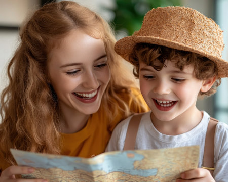 The anticipation is palpable as a family huddles around a map, plotting their dream road trip adventure Excited children point out potential destinations, while parents share their travel wisdom This is more than a vacation; it's a journey filled with laughter, discovery, and unforgettable memories AI Generativeの素材