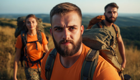 Three adventurers, faces hardened with determination, trek through a rugged mountain landscape Adrenaline surges as they conquer each challenging step, their backpacks laden with gear for the journey ahead The unforgiving terrain tests their limits, but their resolve remains unwavering AI Generativeの素材