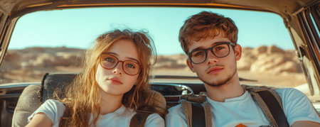 A couple embarks on a road trip adventure, meticulously planning their itinerary while cruising down the open road Their shared passion for travel inspires them to capture stunning landscapes and create unforgettable memories along the way From scenic routes and cozy stops to exciting activities, their journey is a testament AI Generativeの素材