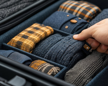 Master the art of packing like a pro! Discover essential tips and tricks for efficient luggage organization Learn how to utilize multiple compartments and secure locks to maximize space and keep your belongings safe Travel with confidence, knowing your luggage is organized and secure AI Generativeの素材