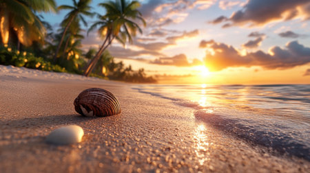 A breathtaking sunset paints the tropical sky in fiery hues of gold and orange, casting long shadows from swaying palm trees on a pristine beach The tranquil ocean shimmers, reflecting the golden light in a mesmerizing dance This is the serene beauty of the coast at golden hour, a moment AI Generativeの素材