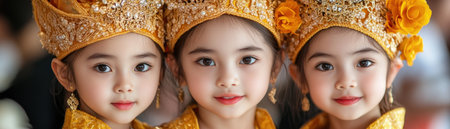 Three young girls, adorned in vibrant traditional Cambodian wedding attire, gracefully participate in a cultural heritage event The exquisite silk and intricate embroidery of their dresses reflect the rich tapestry of Southeast Asian culture Their presence celebrates the beauty and enduring traditions of Cambodian weddings AI Generativeの素材