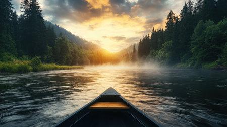A serene river valley awakens to a misty morning, bathed in golden sunlight Sunbeams dance upon the calm waters, creating a tranquil scene The peaceful river flows through the mist-covered valley, reflecting the golden light and creating an atmosphere of serenity AI Generativeの素材