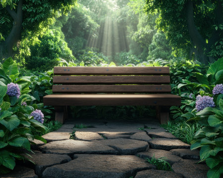 A park bench stands bathed in serenity, a tranquil haven where sunbeams dance through a misty veil Vibrant blooms burst forth in a symphony of colors, their petals reaching towards the gentle light The scene captures a moment of quiet beauty, a peaceful escape from the world AI Generativeの素材