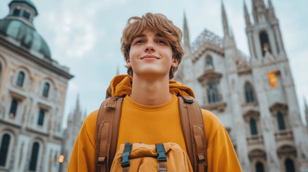 A traveler stands awestruck, gazing at the grandeur of a city's iconic plaza The majestic architecture, vibrant atmosphere, and charming streetscape captivate their senses This moment of wonder and appreciation for urban beauty leaves an indelible mark on their journey AI Generativeの素材