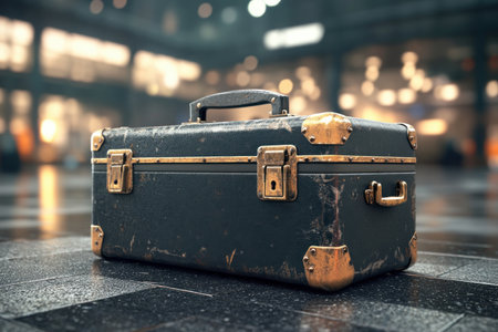 This vintage suitcase blends style with practicality Its secure lock provides peace of mind, while its durable construction ensures it glides effortlessly across any floor Perfect for travel or storage, this timeless piece adds a touch of sophistication to your journey AI Generativeの素材