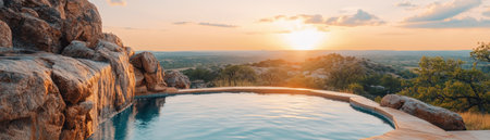 Escape to a private rental home where luxury meets relaxation Immerse yourself in a heated pool with stunning sunset views, ambient lighting, and breathtaking scenery Unwind in the ultimate comfort and enjoy an unforgettable evening getaway AI Generativeの素材