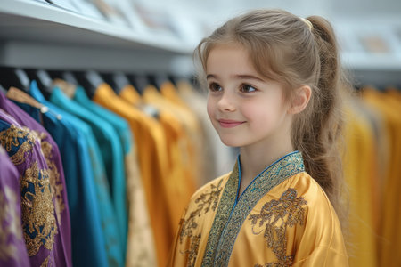 A young girl, eyes wide with wonder, traces the intricate embroidery on a centuries-old garment Surrounded by vibrant textiles and historical artifacts, she delves into the world of traditional clothing, gaining a deeper understanding of cultural heritage and the stories woven into each stitch AI Generativeの素材