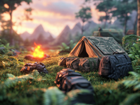 As golden light bathes the tranquil wilderness, a campfire glows invitingly amidst the serenity A perfect escape for adventurers seeking peace and nature's embrace, this scene offers a breathtaking backdrop for photography, camping, and hiking amidst towering mountains and whispering forests AI Generativeの素材