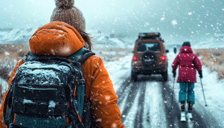 Winter's embrace calls as travelers arrive at the ski resort, eager for a day of snow-filled adventure The crisp mountain air invigorates them as they prepare to hit the slopes, ready to conquer the slopes and embrace the exhilarating cold Laughter echoes through the snowy landscape, promising a day of AI Generativeの素材