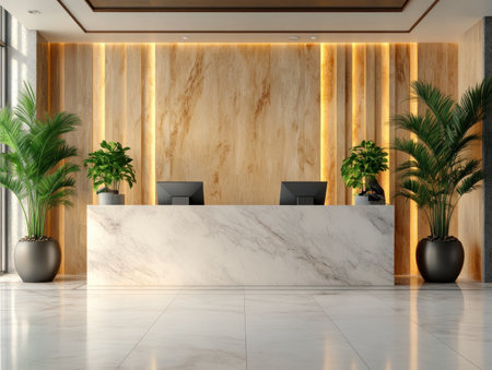 Step into a luxurious hotel lobby buzzing with activity Friendly staff expertly guide guests through seamless check-in, ensuring a warm welcome and efficient service Experience the epitome of hospitality with professional staff and a welcoming atmosphere, making your stay unforgettable AI Generativeの素材
