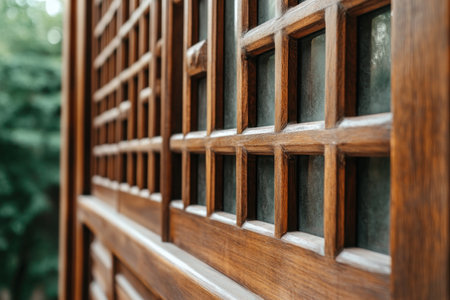 A close-up reveals the intricate wooden latticework of a traditional window, showcasing the architectural heritage of the region The delicate craftsmanship is evident in every detail, highlighting the skilled hands that created this timeless piece This window serves as a window into the past, revealing the rich history and artistry AI Generativeの素材