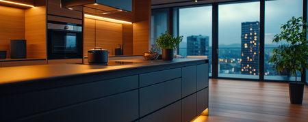 Step into a modern kitchen masterpiece featuring a spacious island and luxurious finishes The open-concept design seamlessly blends the kitchen with the living area, creating a welcoming atmosphere where guests can relax and mingle AI Generativeの素材