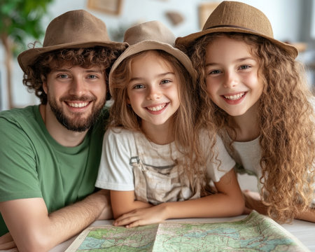 A family's excitement bubbles over as they map out their next road trip adventure With every pin dropped and route traced, anticipation grows for a journey filled with discovery, shared experiences, and the strengthening bonds of family Their map is not just a guide, but a canvas for creating unforgettable AI Generativeの素材