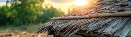 A close-up of a thatched roof, its intricate weave capturing the essence of a village's architectural heritage Timeworn straw, weathered by the elements, tells a story of resilience and connection to the land This timeless beauty showcases the artistry of nature's materials and provides a glimpse into a bygone era AI Generativeの素材