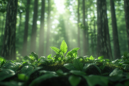 A tranquil forest scene unfolds, bathed in soft sunlight that pierces through swirling mist Sunbeams dance upon the lush, verdant undergrowth, casting ethereal shadows and illuminating the vibrant life teeming beneath the canopy The air is still, carrying the scent of damp earth and the whisper of rustling leaves AI Generativeの素材