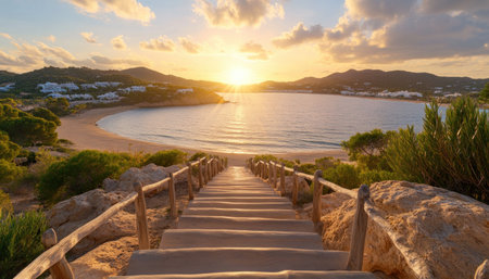 Escape to the tranquil beauty of Ibiza's hidden beaches during golden hour Witness the soft light dance on calm waters, creating an enchanting atmosphere Immerse yourself in a secluded paradise, where serenity reigns and unforgettable experiences await AI Generativeの素材