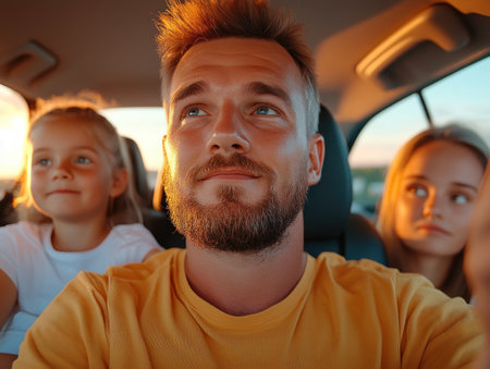 A family road trip unfolds in a burst of vibrant landscapes Laughter and smiles fill the car as parents and children capture precious moments on camera Memories are made in every passing mile, fueled by the thrill of adventure and the joy of shared experiences The journey is just as AI Generativeの素材